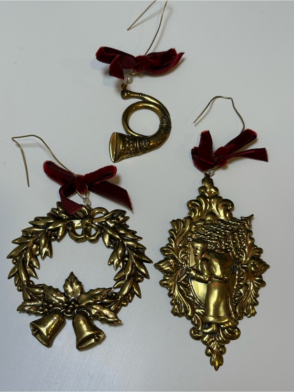 Vintage-Inspired Gold/Brass Tone Holiday Ornaments with Burgundy Ribbon